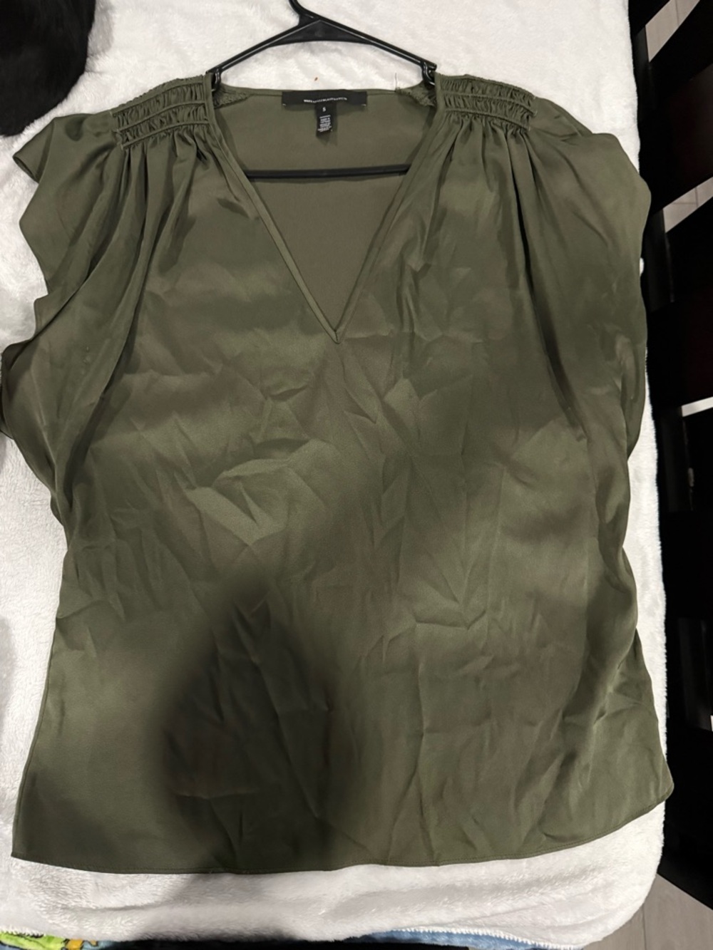 WHBM Olive V-Neck Short Sleeve Blouse